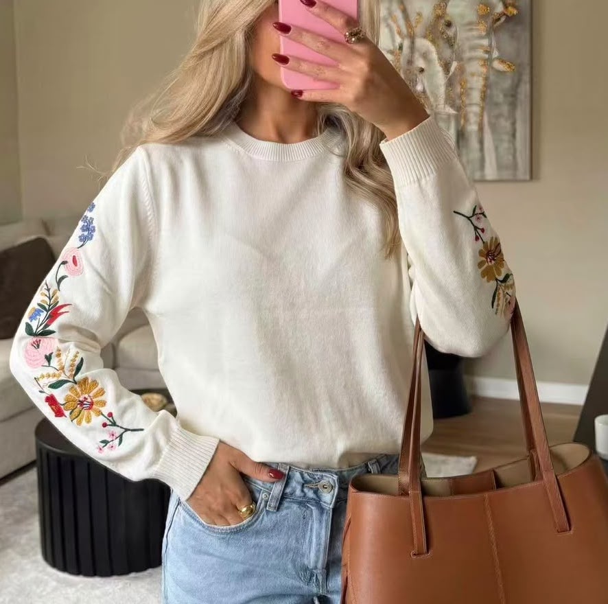 Knit Sweater with Embroidered Sleeves in 6 Colours Q-D-1189