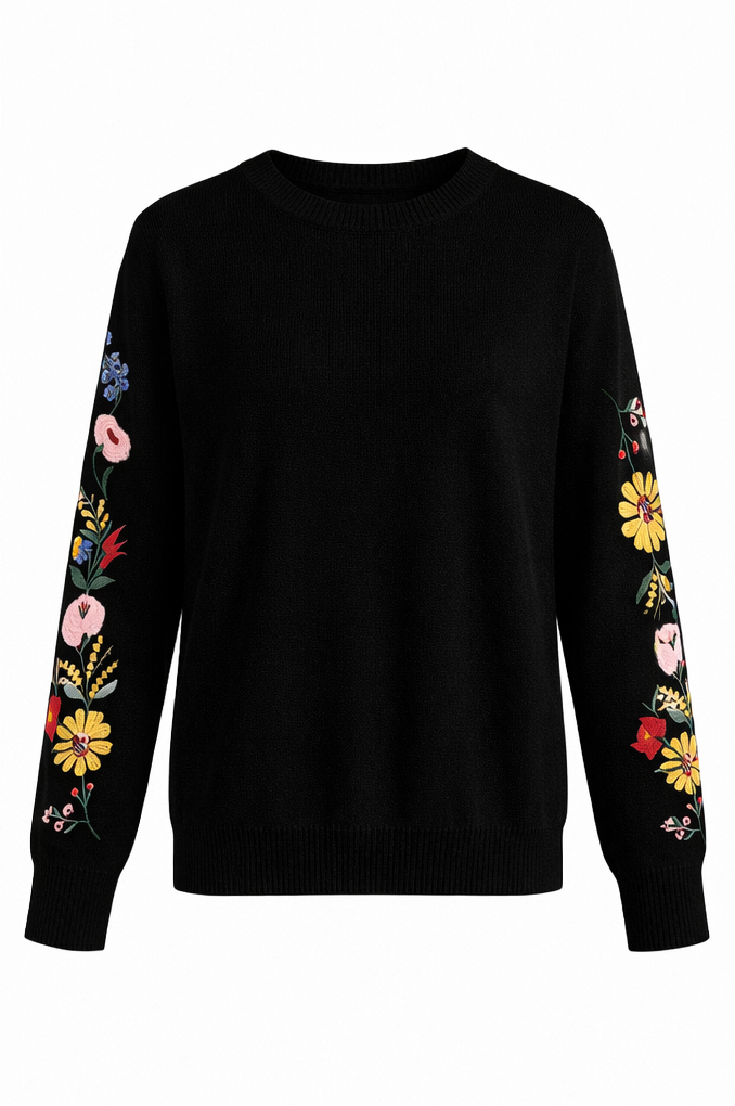 Knit Sweater with Embroidered Sleeves in 6 Colours Q-D-1189