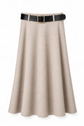 A beige A-line skirt with a black belt featuring a gold buckle, shown against a plain white background.