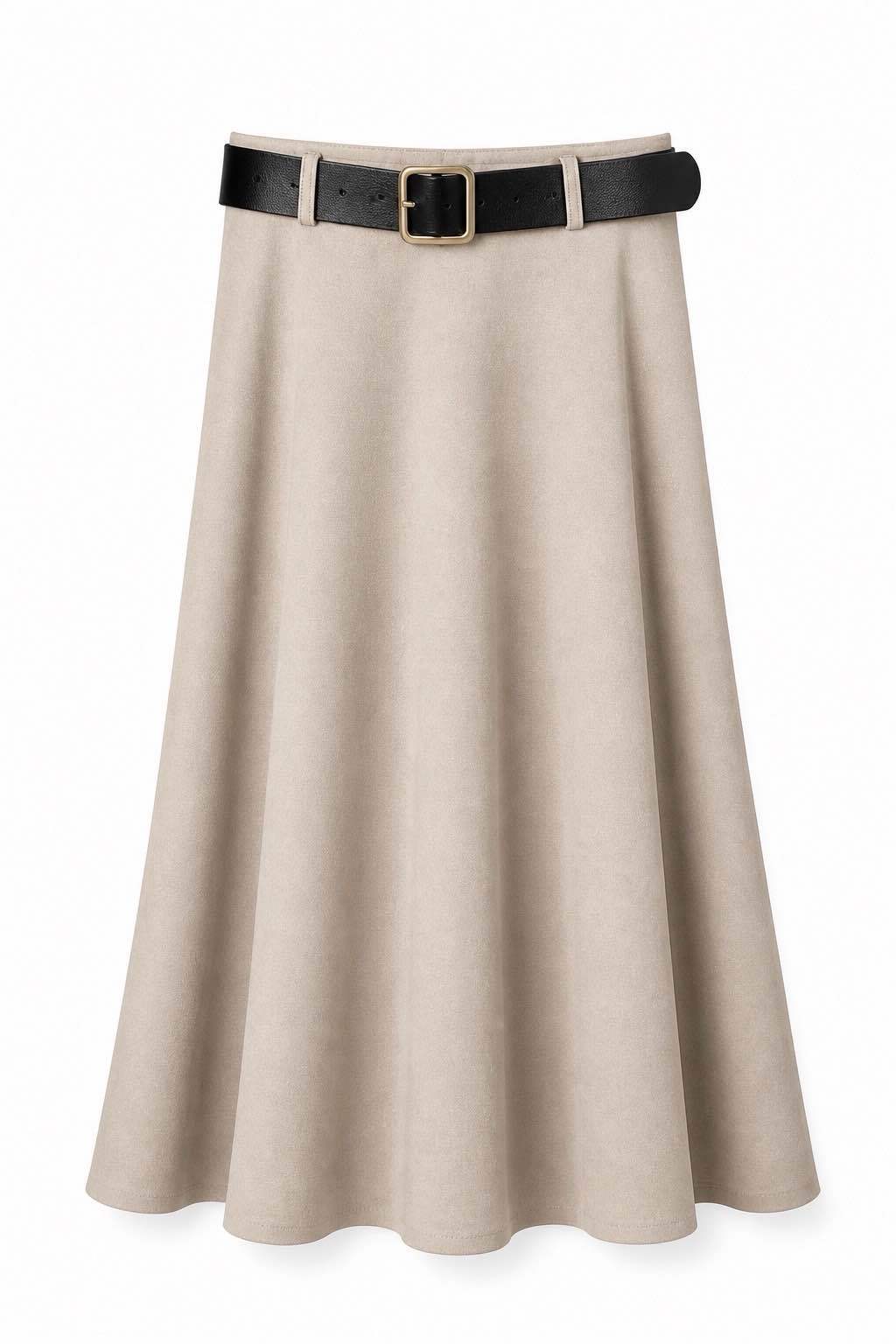 A beige A-line skirt with a black belt featuring a gold buckle, shown against a plain white background.