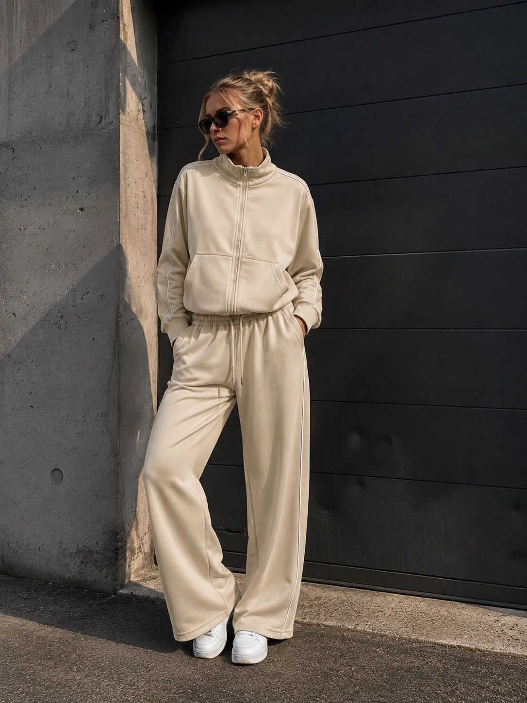 A woman wearing a matching cream-colored zip-up jacket and wide-leg sweatpants set, styled with white sneakers and sunglasses, posing against a dark paneled wall.