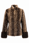 A brown faux fur jacket with a white spotted deer print pattern, featuring a high collar, gold-tone button closure, and dark brown faux fur cuffs, shown on a plain white background.