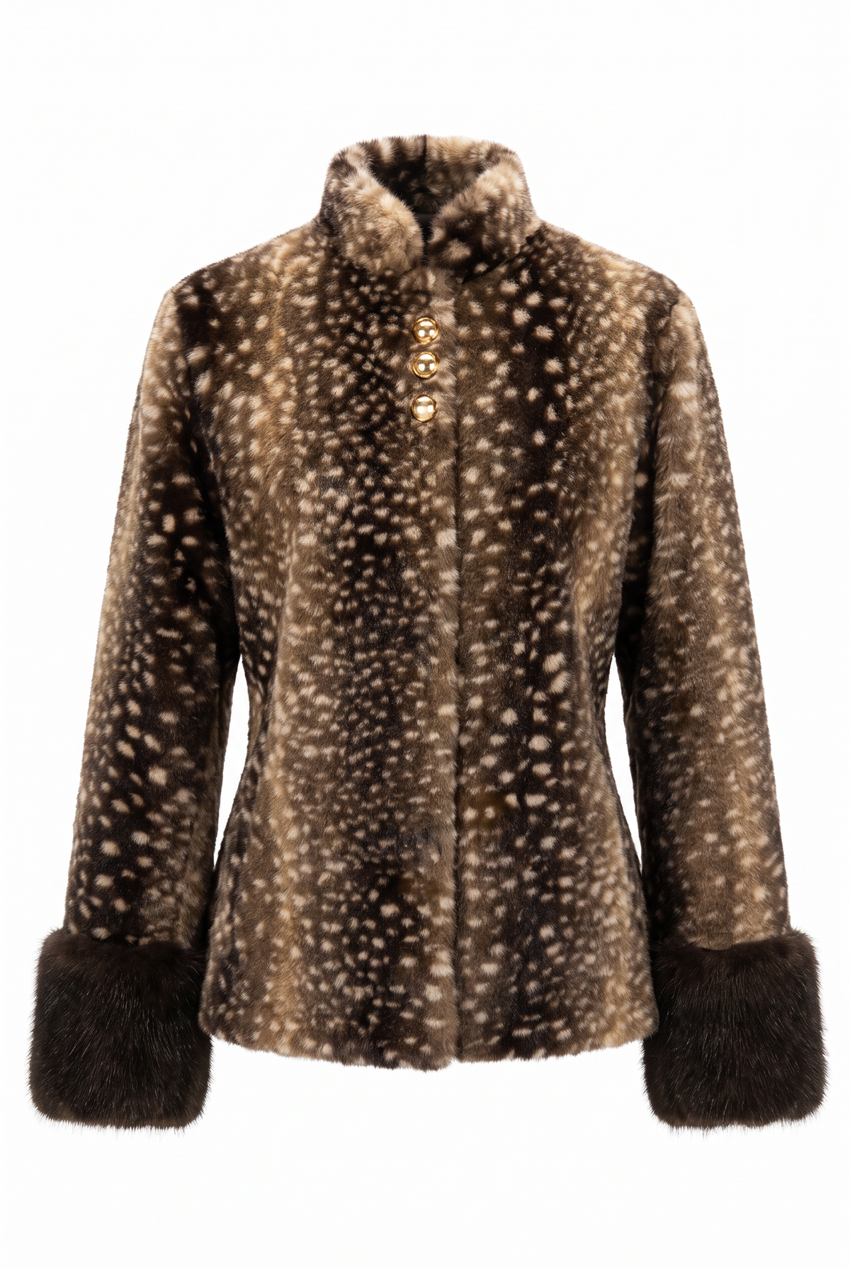 A brown faux fur jacket with a white spotted deer print pattern, featuring a high collar, gold-tone button closure, and dark brown faux fur cuffs, shown on a plain white background.