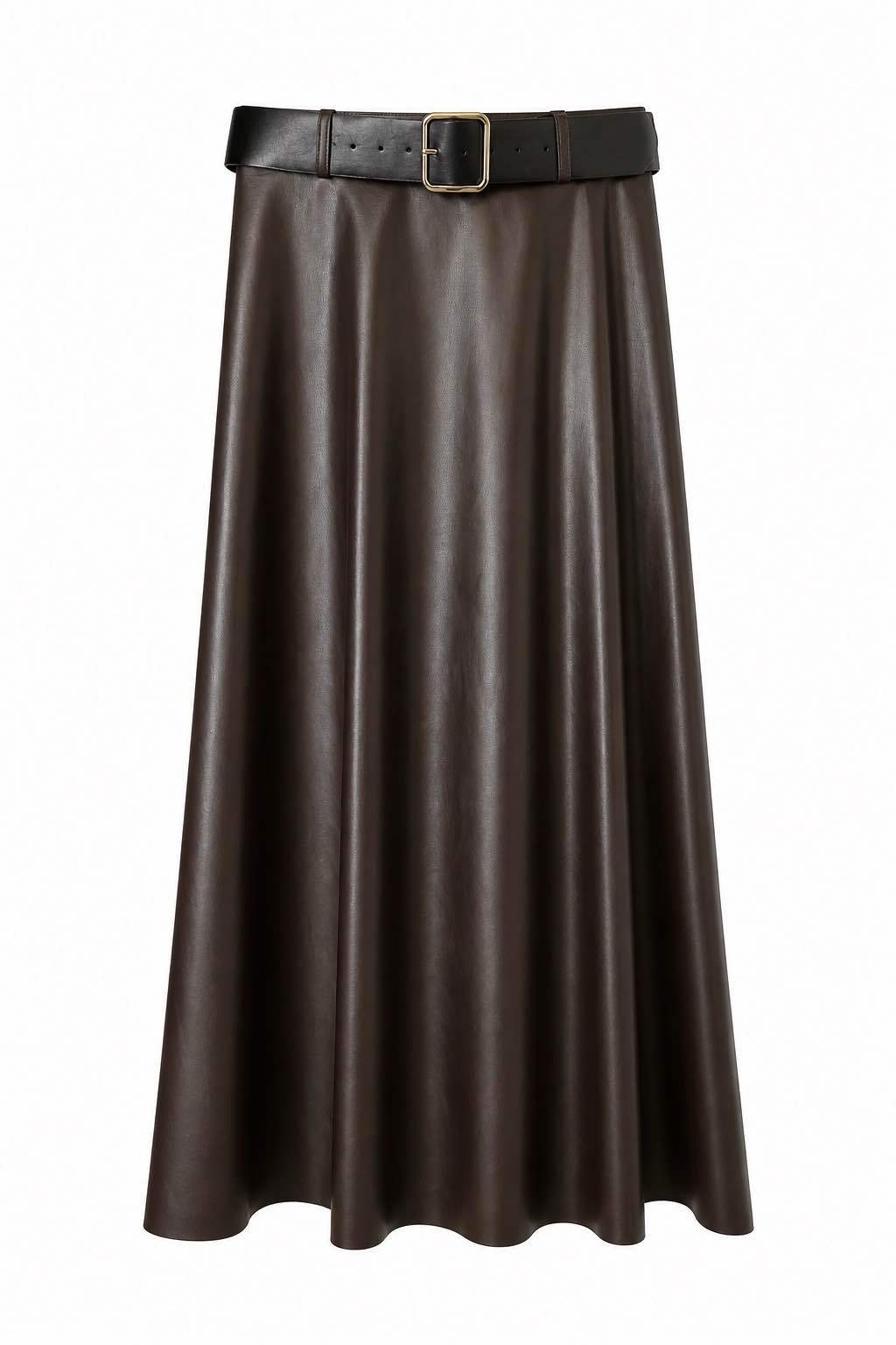 A dark brown faux leather A-line midi skirt with a black leather belt and a gold-tone buckle, shown against a plain white background.