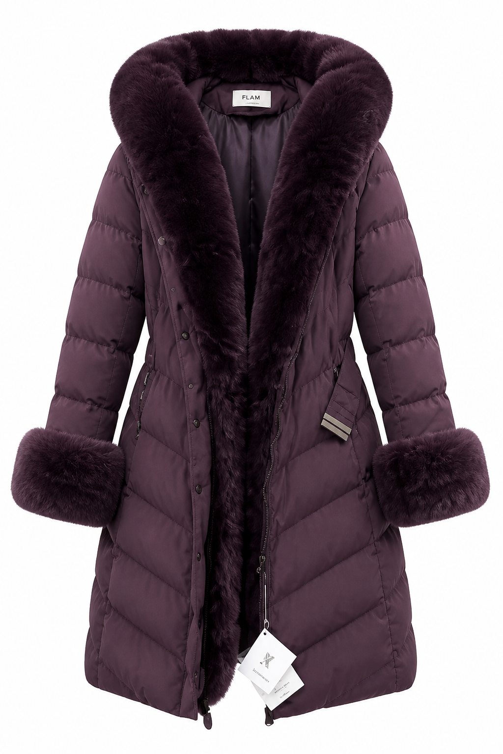 A dark plum purple puffer coat with a large matching faux fur collar, cuffs, and front trim, featuring a button front and a visible PLUM brand label.