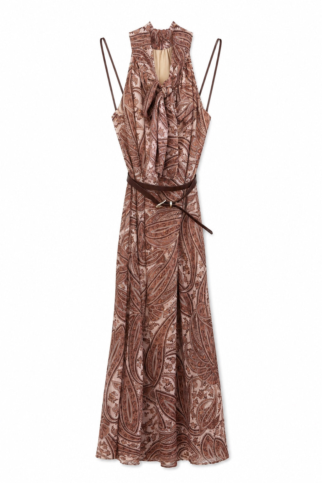 A sleeveless halter-neck maxi dress with a brown and beige paisley pattern, featuring thin shoulder straps and a matching waist tie belt, shown against a plain white background.