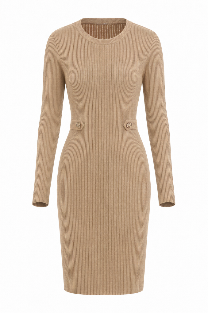 A beige ribbed knit long-sleeve bodycon dress with decorative buttons at the waist, shown on a plain white background.