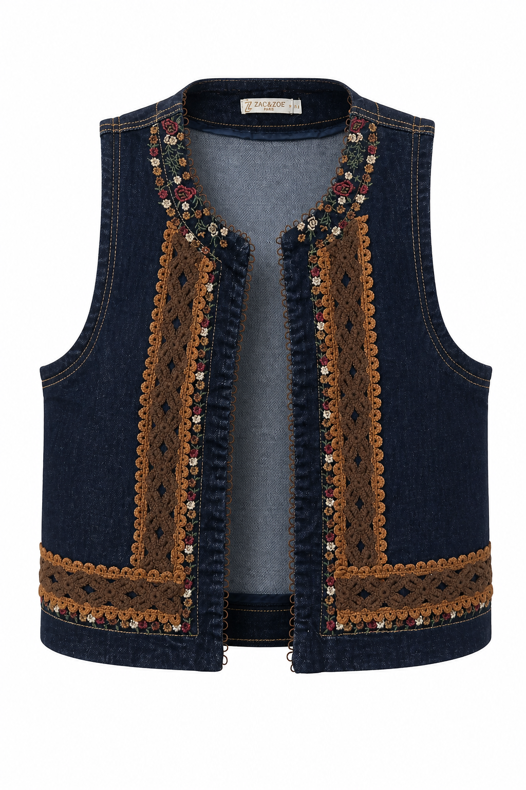 A dark blue denim vest with intricate brown crochet lace panels and colorful bead embellishments, displayed on a light gray background.
