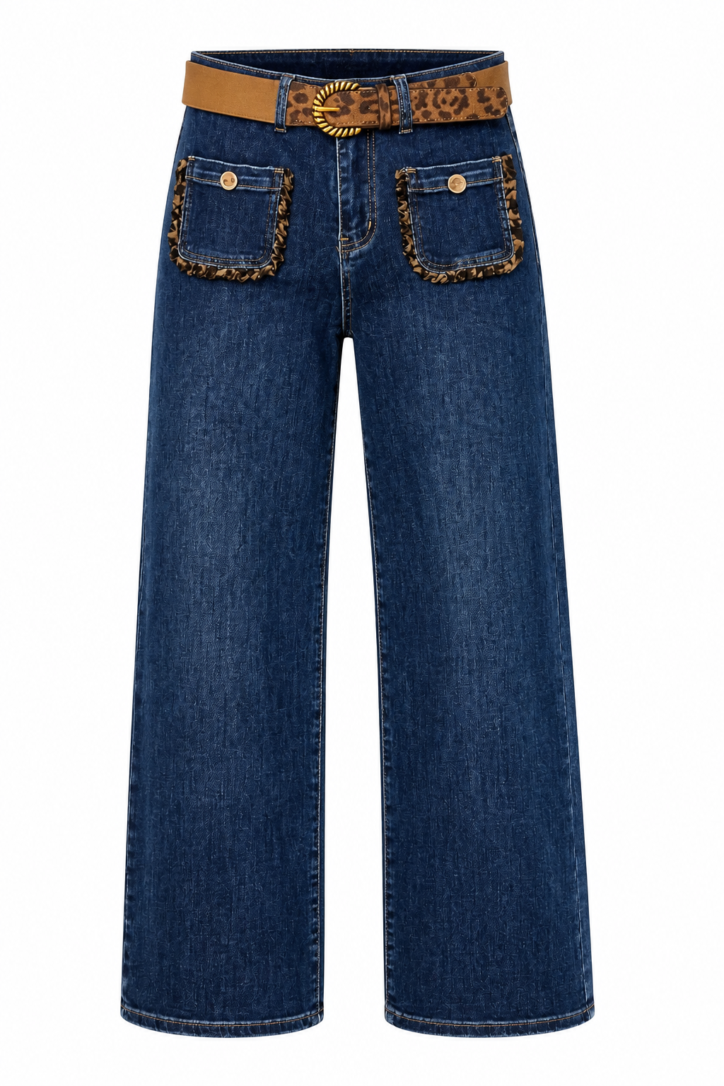 A pair of wide-leg blue denim jeans with decorative leopard-print and brown patterned pocket flaps, shown on a plain white background.