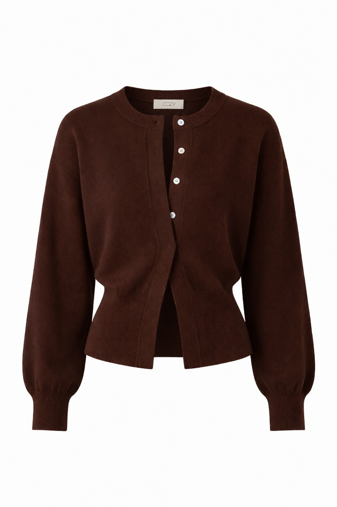 A dark brown knit cardigan sweater with a button-up front, long balloon sleeves, and a cropped hem, shown against a plain white background.