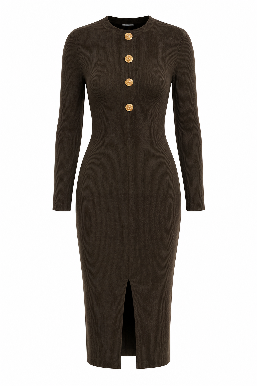 A dark brown long-sleeve knit dress with a round neckline, four gold buttons down the front, and a front slit, shown on a plain white background.
