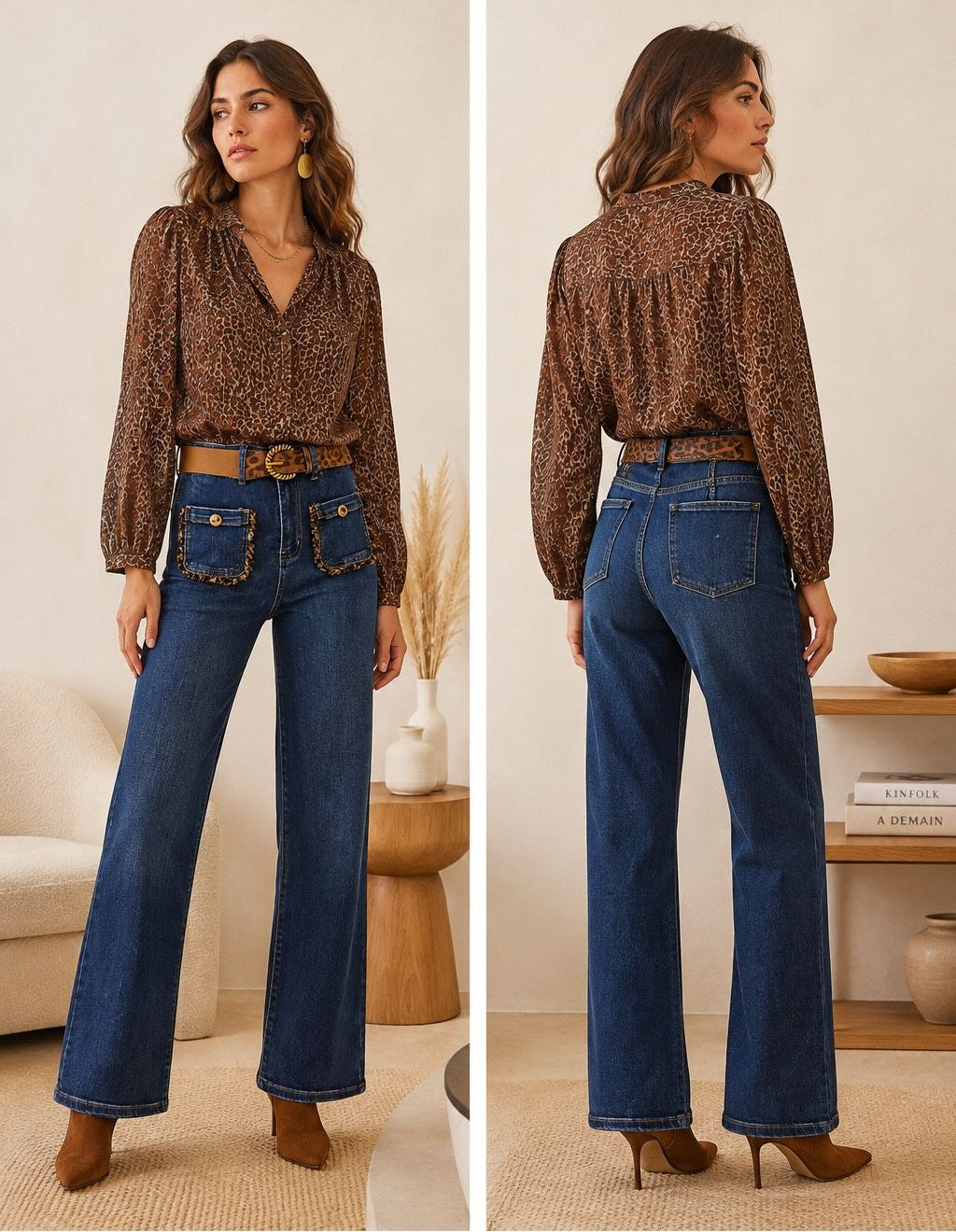 A two-view catalog image showing a woman modeling a brown leopard-print long-sleeve blouse with dark blue wide-leg jeans. The image features front and back views side-by-side, with a white border containing the code 'B6270-N' at the top and 'Longueur : 102 cm' at the bottom.
