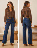A two-view catalog image showing a woman modeling a brown leopard-print long-sleeve blouse with dark blue wide-leg jeans. The image features front and back views side-by-side, with a white border containing the code 'B6270-N' at the top and 'Longueur : 102 cm' at the bottom.