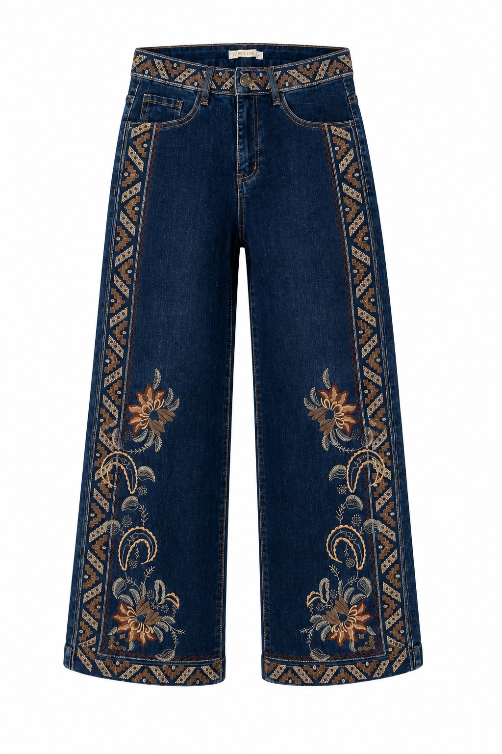 Dark blue wide-leg denim jeans featuring ornate floral embroidery and geometric patterned trim down the front of both legs, shown against a plain white background.