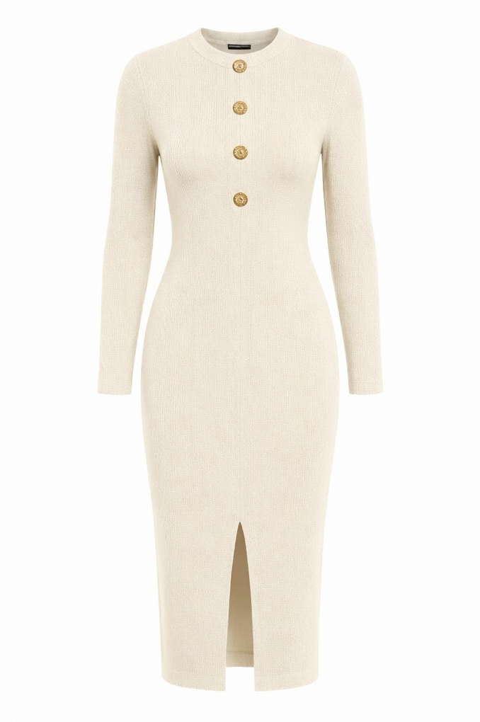 An off-white ribbed knit midi dress with long sleeves, a round neckline, and a front button closure with four gold buttons, shown against a plain white background.