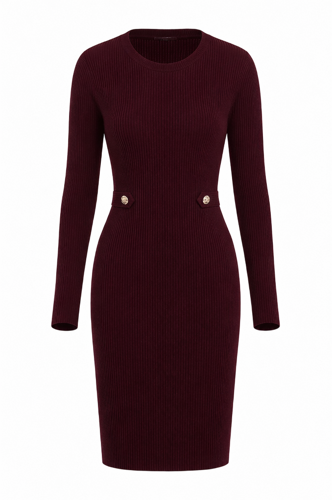 A long-sleeve ribbed knit bodycon dress in deep burgundy, featuring decorative gold-tone buttons at the waist, shown against a plain white background.