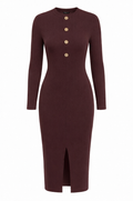A long-sleeve ribbed knit midi dress in deep burgundy with a high round neckline, four gold buttons down the front, and a front slit, shown on a plain white background.