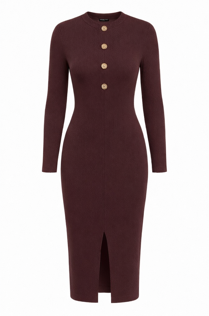 A long-sleeve ribbed knit midi dress in deep burgundy with a high round neckline, four gold buttons down the front, and a front slit, shown on a plain white background.