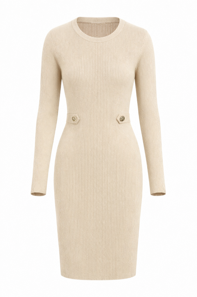 A cream-colored ribbed knit long-sleeve dress with button details at the waist, displayed on a clean white background.
