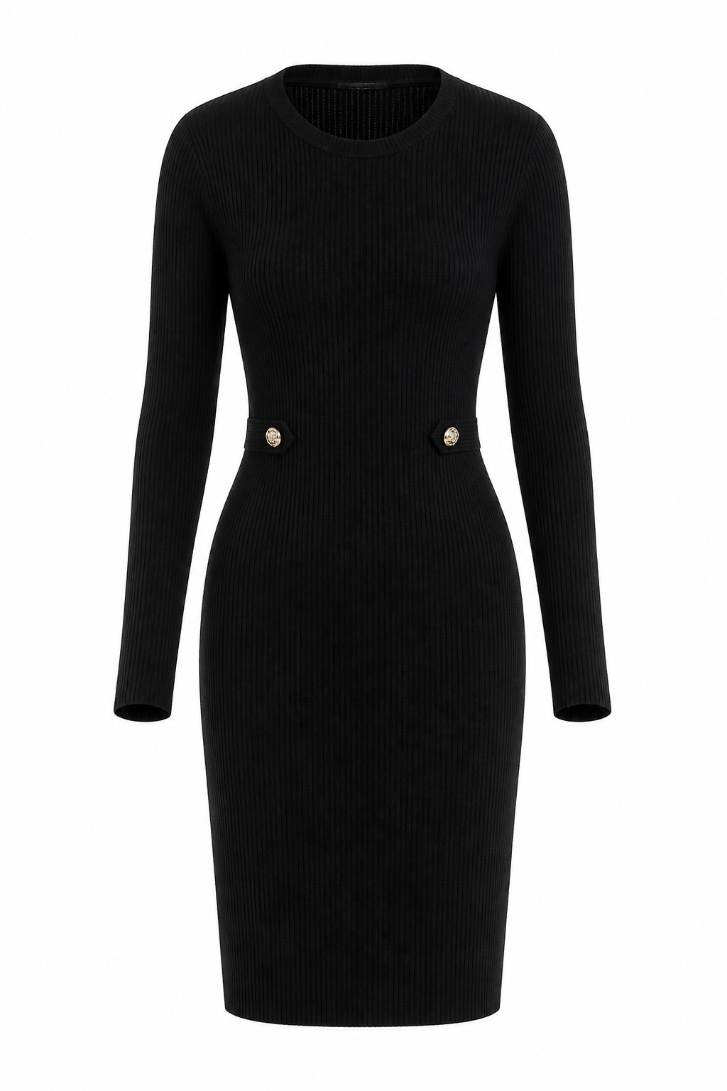 A black ribbed long-sleeve knit dress with a crew neck and decorative gold-tone buttons at the waist, shown on a plain white background.