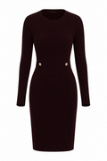 A dark burgundy ribbed knit long-sleeve bodycon dress with decorative gold buttons at the waist, shown on a plain white background.