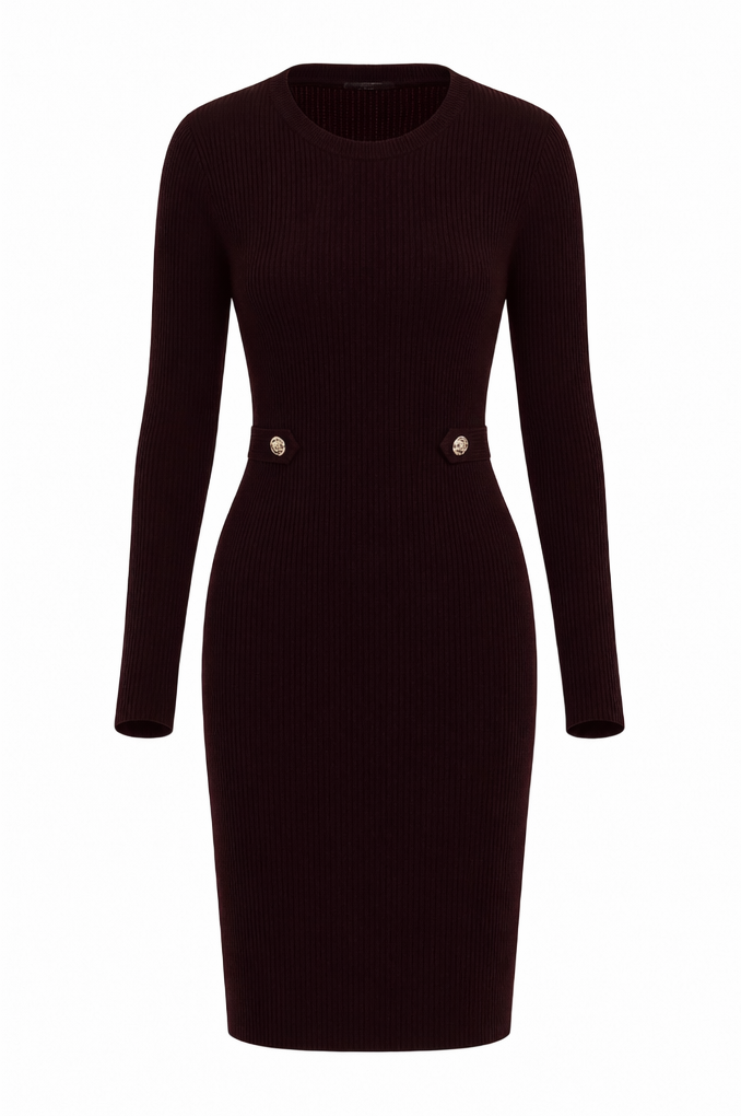A dark burgundy ribbed knit long-sleeve bodycon dress with decorative gold buttons at the waist, shown on a plain white background.