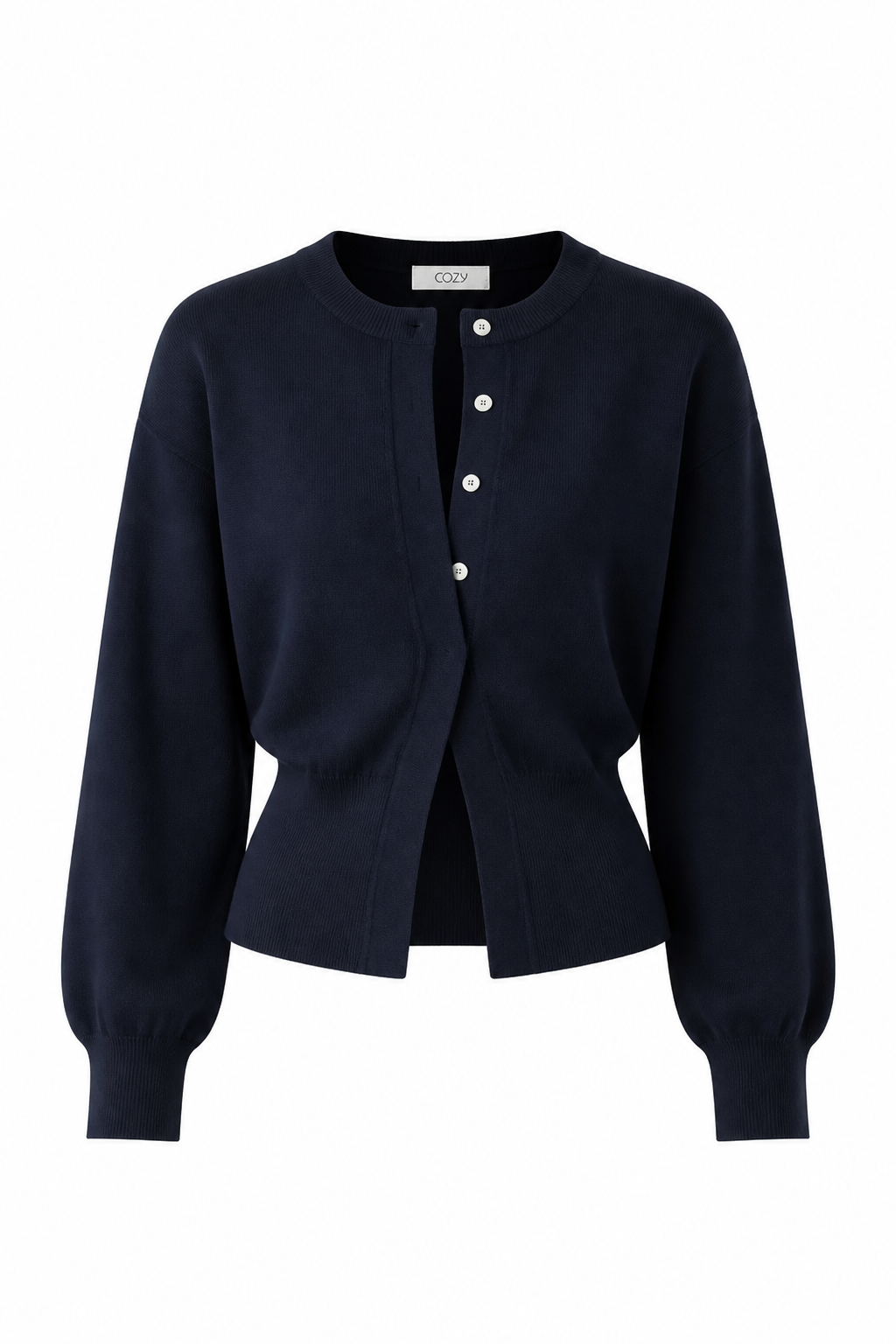 A dark navy blue knit cardigan with a button-up front, long balloon sleeves, and a cropped hem, shown on a plain white background.
