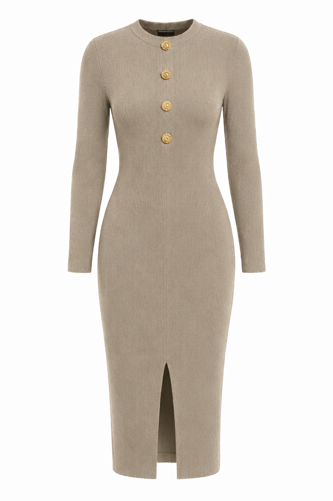 A taupe knit midi dress with long sleeves, a round neckline, and four gold buttons down the front, shown on a plain white background.