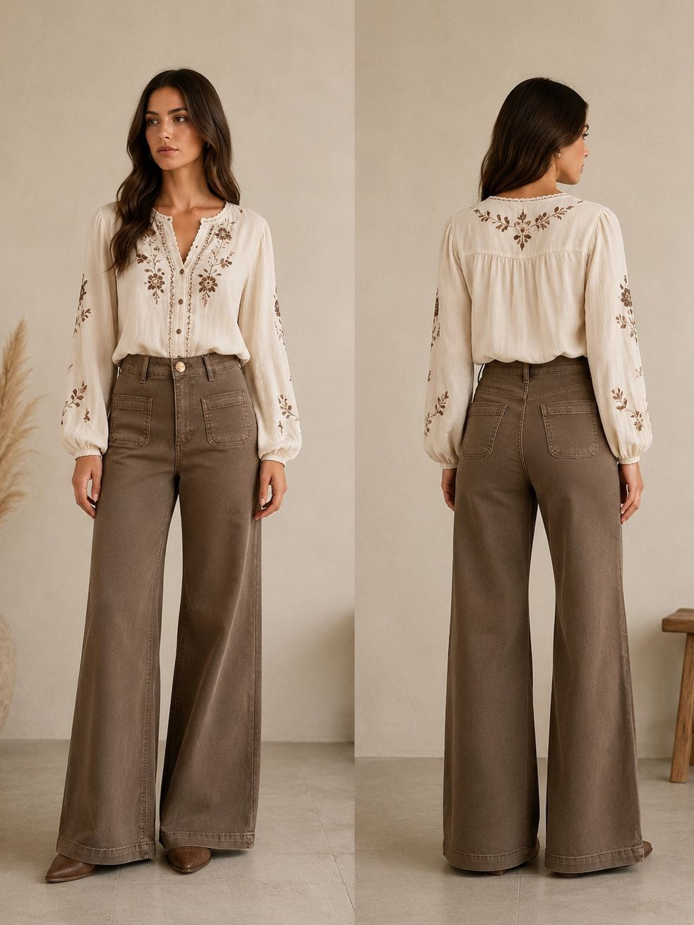A model is shown from the front and back wearing a cream-colored long-sleeve blouse with brown floral embroidery and high-waisted, wide-leg brown pants. The image is set against a neutral beige background with a decorative vase and a wooden stool, and has a code 'B6027-K' at the bottom.